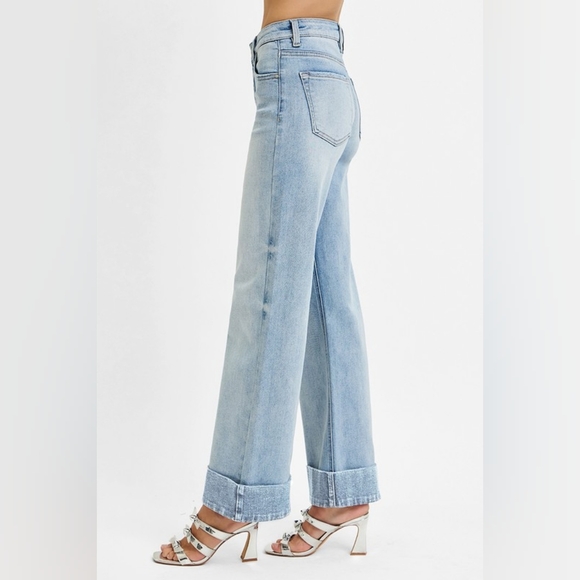 Risen Jeans Denim - RISEN High-Rise Tummy Control Waist Pants Wide Leg Crop Cuffed Hem Denim Jeans